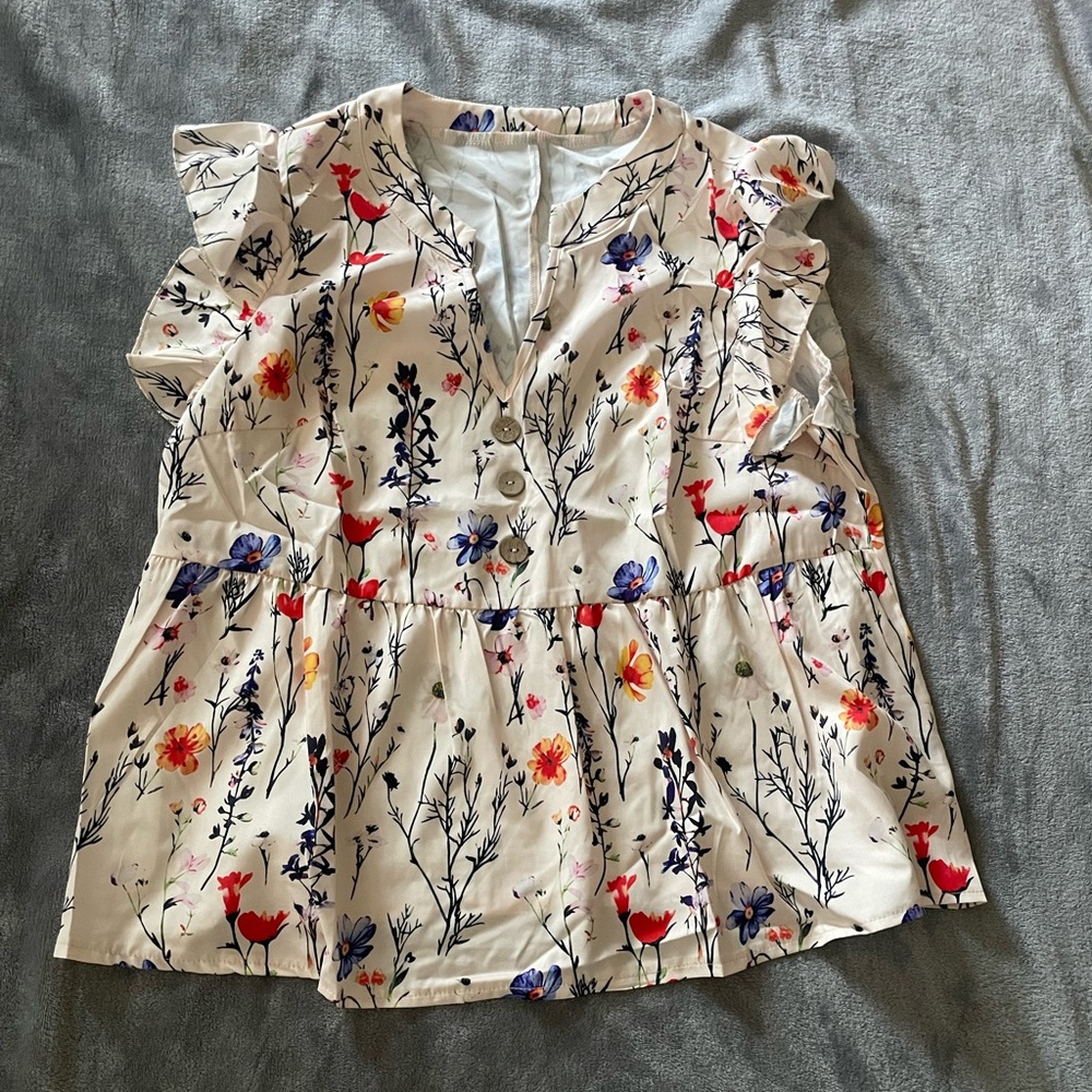 SHEIN Cream and Orange Ruffled Peplum Blouse